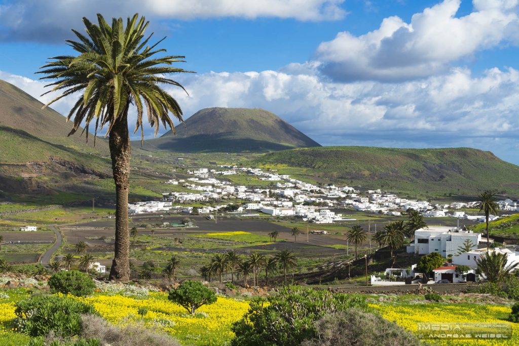 The village of Máguez and La Corona volcano in Lanzarote's winter months.